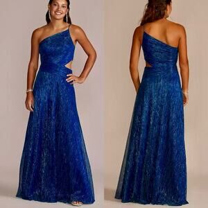 NWT Betsy & Adam One Shoulder Metallic A-Line Dress with Cutout A25539 Blue - 20